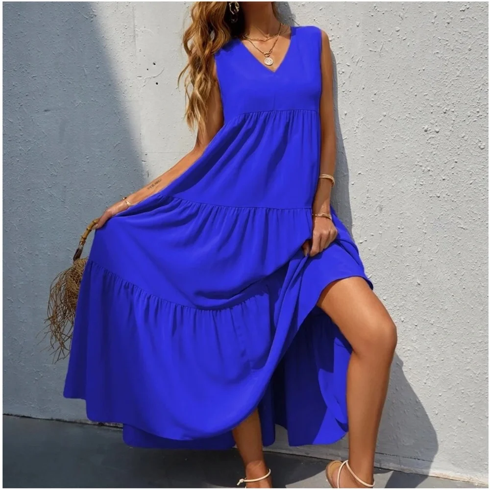 Boho Royal Blue Sleeveless Ruffle maxi Dress - Picture 1 of 14